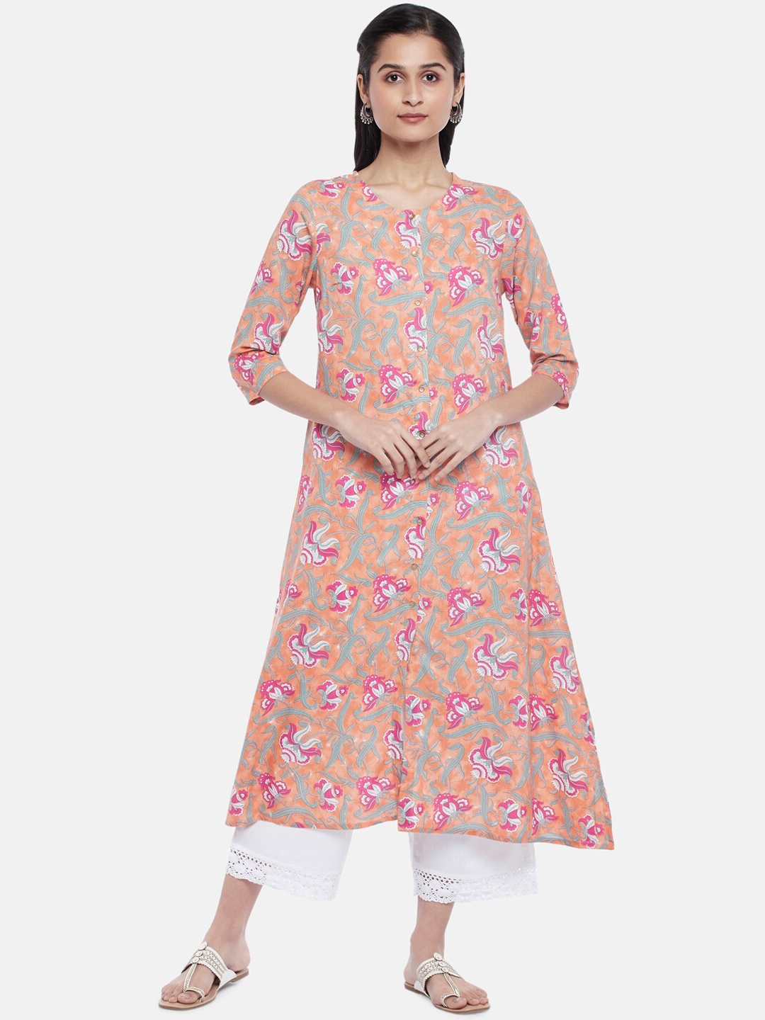 

RANGMANCH BY PANTALOONS Women Coral & Pink Floral Printed Kurta