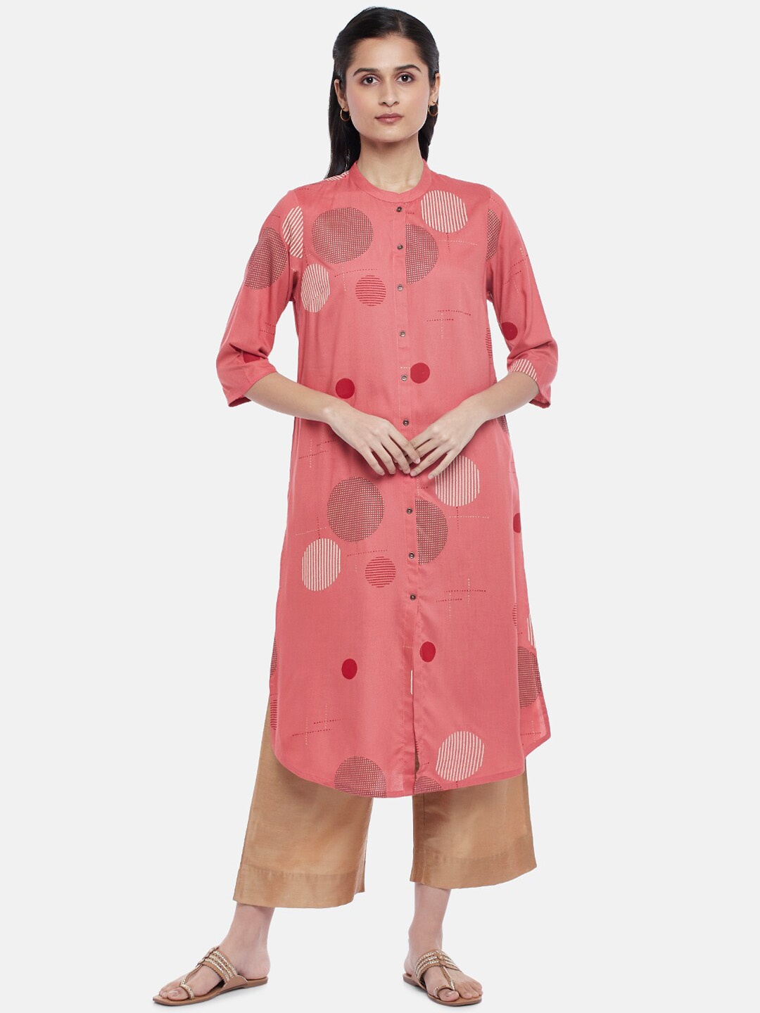 

RANGMANCH BY PANTALOONS Women Coral Pink & White Geometric Printed Kurta