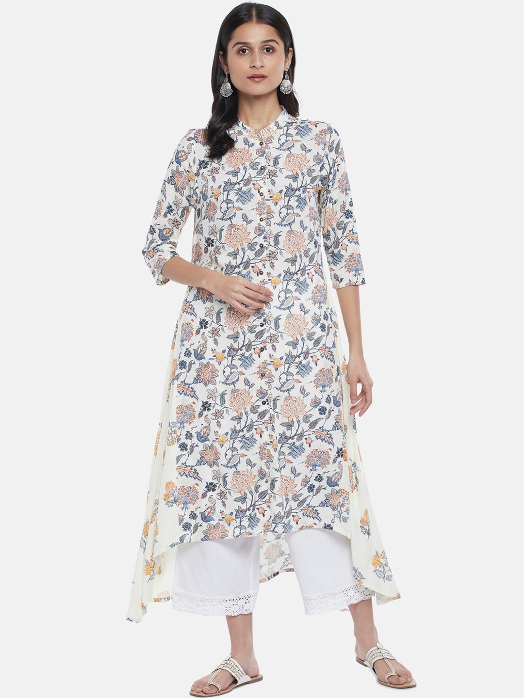 

RANGMANCH BY PANTALOONS Women Off-White & Blue Floral Printed High-Low A-line Kurta
