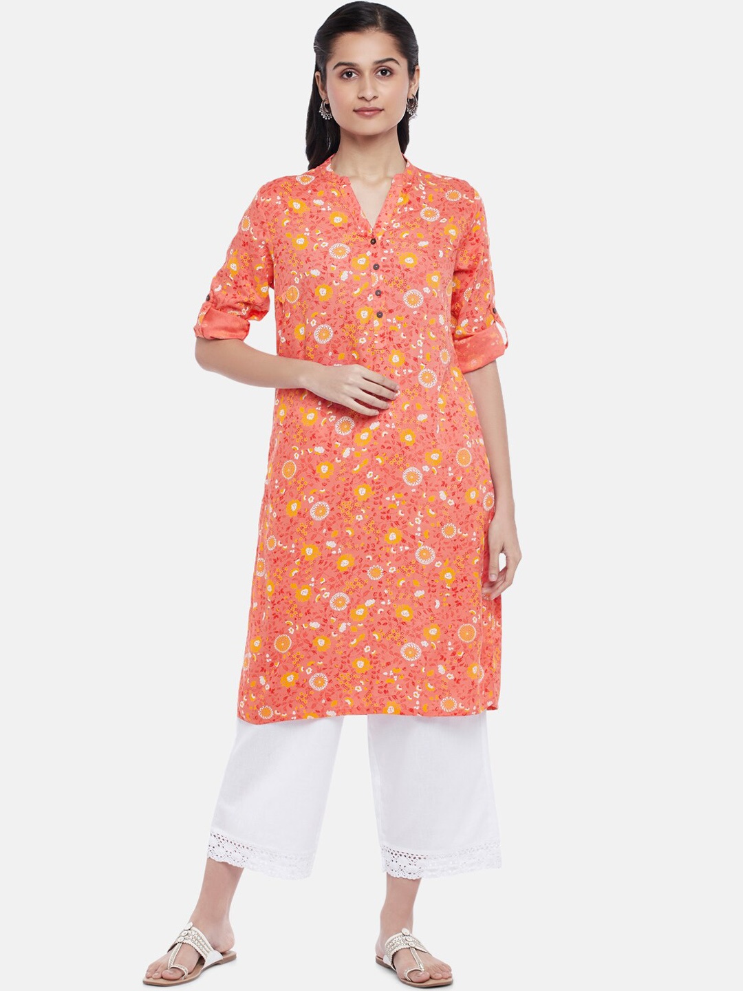 

RANGMANCH BY PANTALOONS Women Peach-Coloured & Red Floral Printed Kurta
