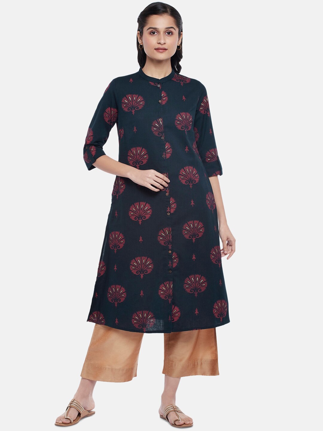 

RANGMANCH BY PANTALOONS Women Navy Blue & Magenta Ethnic Printed Cotton A-line Kurta