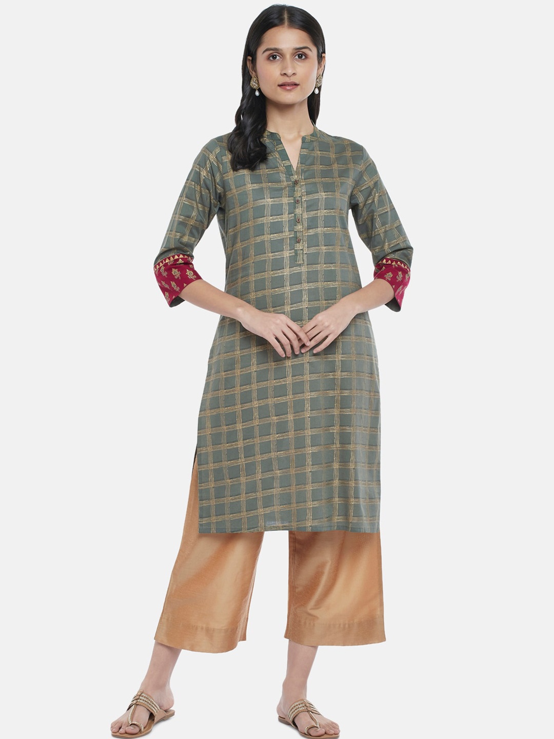 

RANGMANCH BY PANTALOONS Women Green & Gold-Toned Checked Kurta