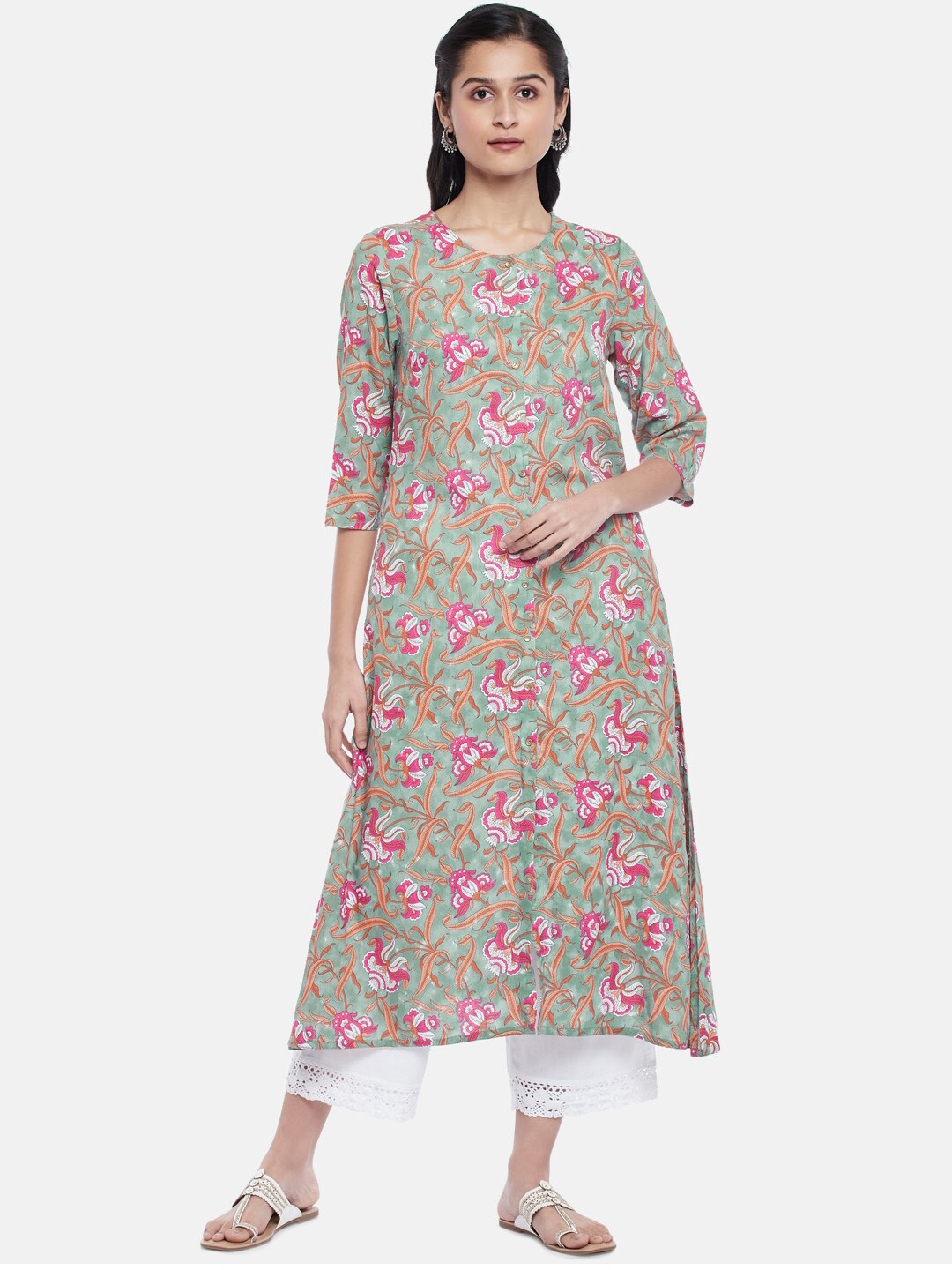 

RANGMANCH BY PANTALOONS Women Grey & Pink Floral Printed A-line Kurta