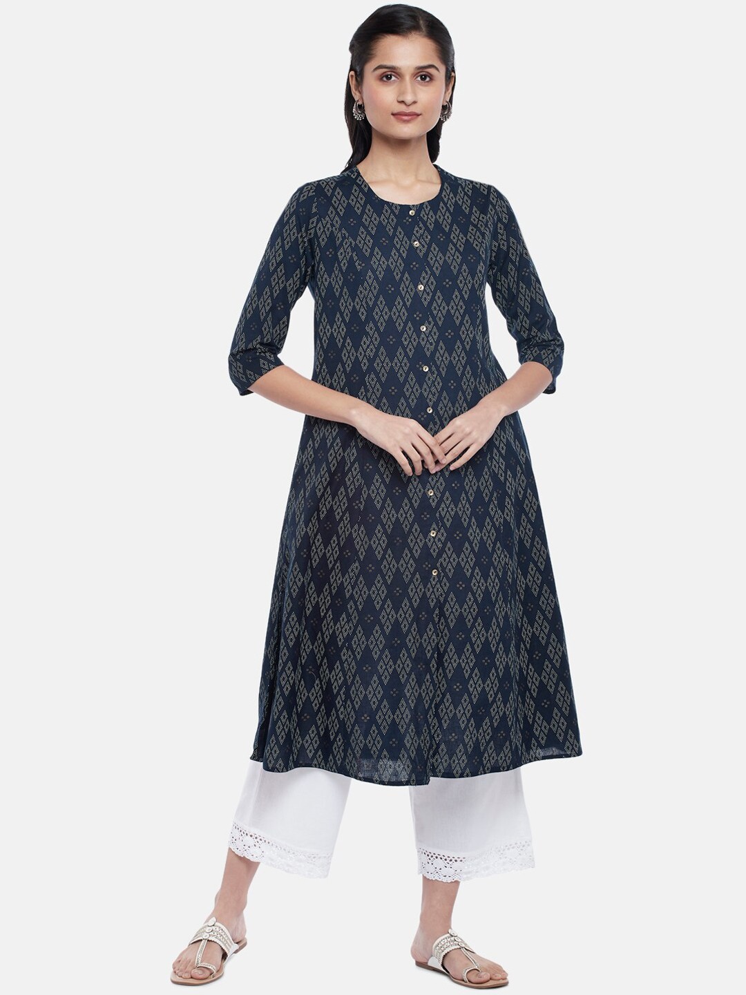 

RANGMANCH BY PANTALOONS Women Navy Blue & White Geometric Printed Cotton A-line Kurta