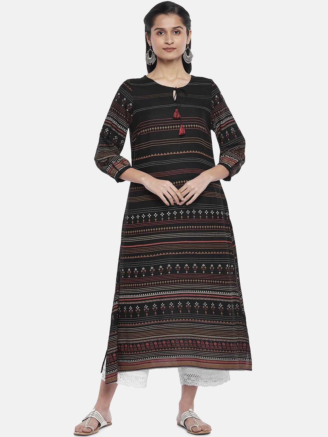 

RANGMANCH BY PANTALOONS Women Black Tribal Printed Keyhole Neck Kurta