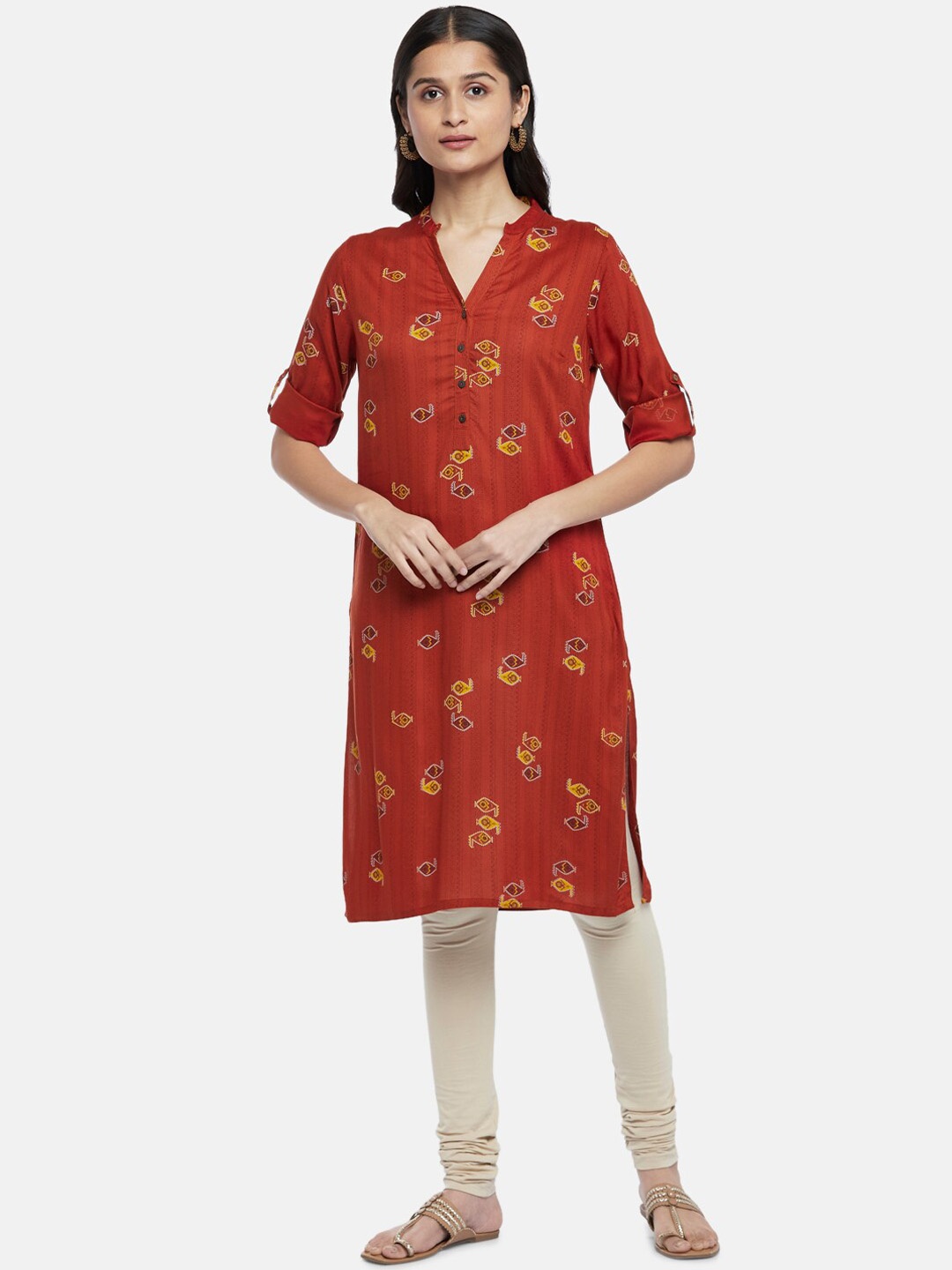 

RANGMANCH BY PANTALOONS Women Rust & Yellow Ethnic Motifs Printed Straight Kurta