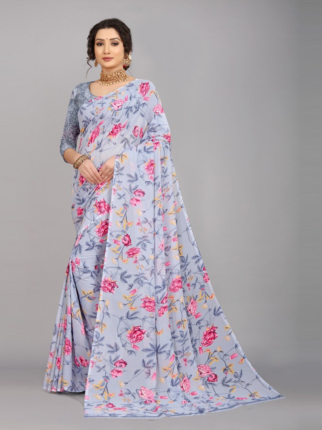 

Ratan Creation Grey & Pink Floral Printed Pure Georgette Saree