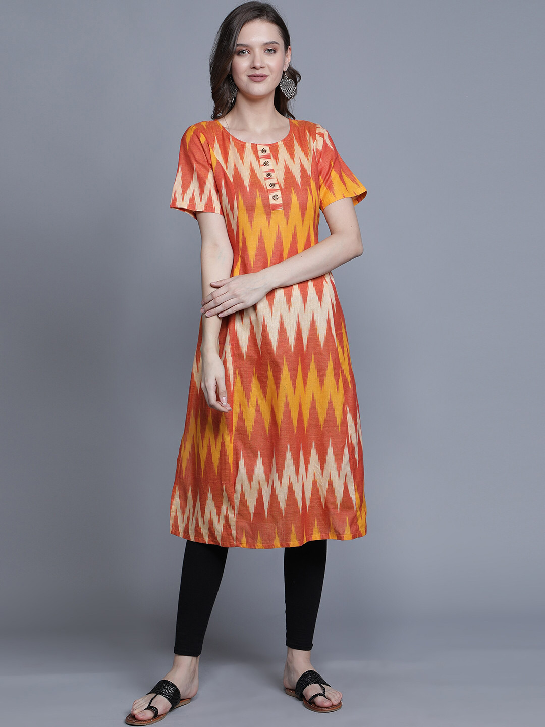 

Cot'N Soft Women Orange Ikat Printed Pure Cotton Kurta