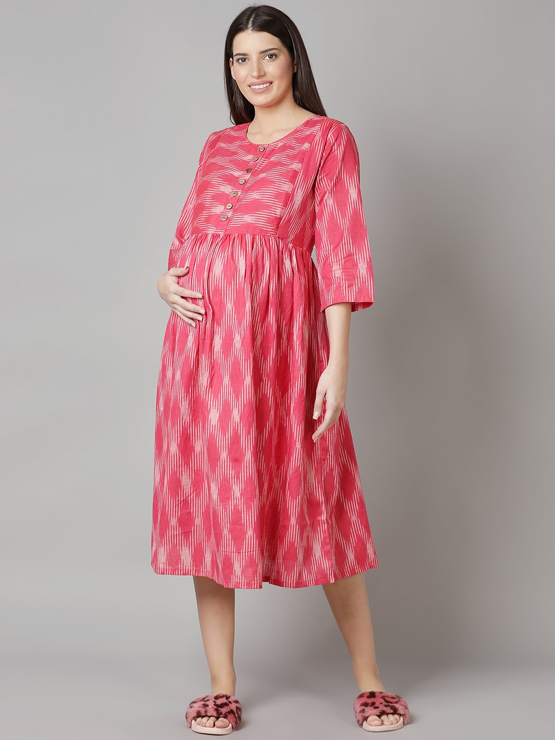 

Cot'N Soft Pink Ikat Pure Cotton Maternity A-Line Midi Dress