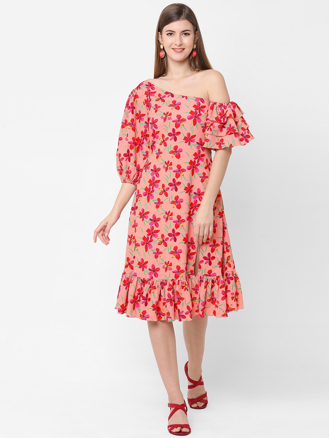 

POPPI Peach-Coloured & Red Floral One Shoulder A-Line Midi Dress