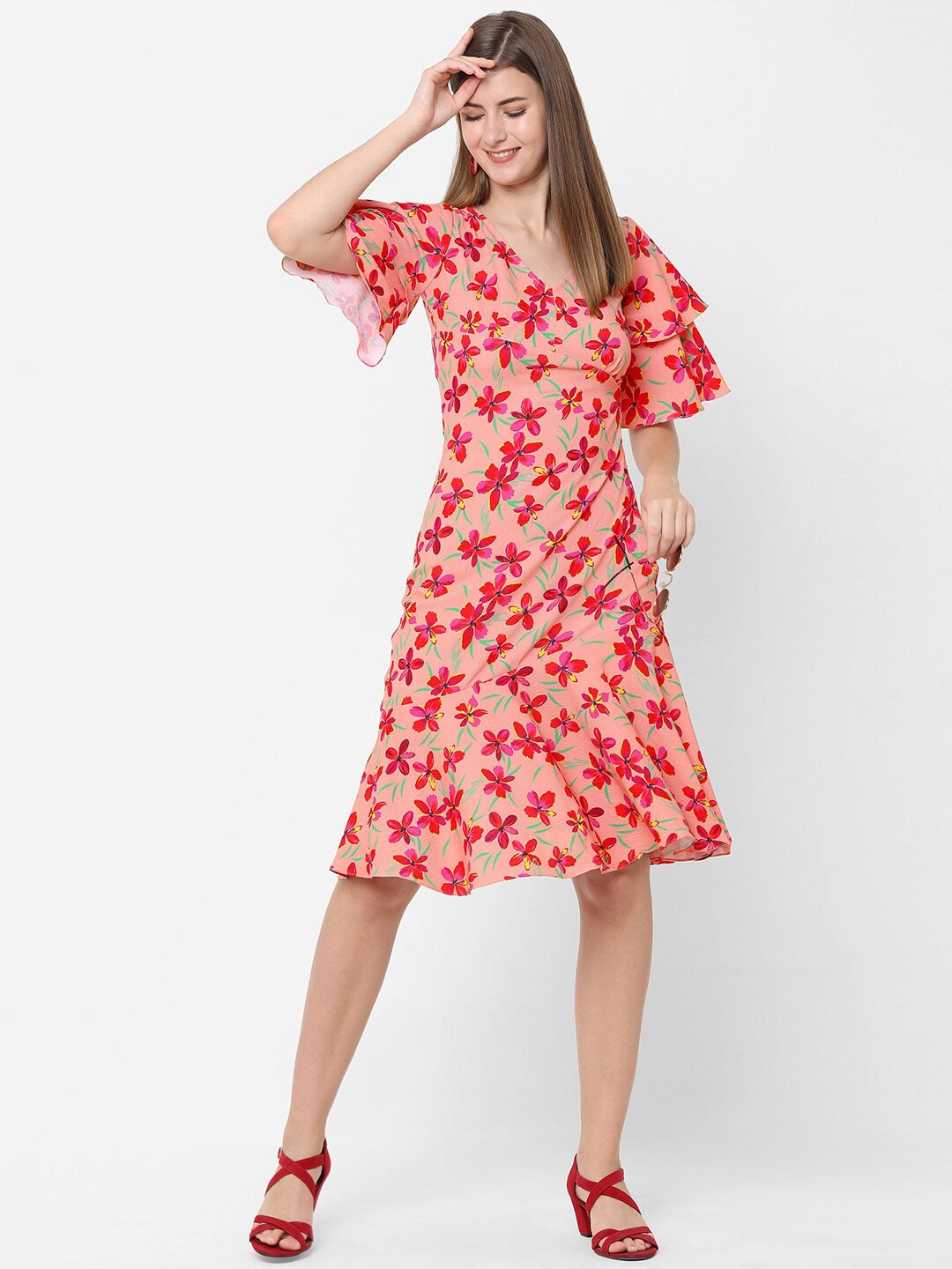 

POPPI Peach-Coloured Floral A-Line Dress