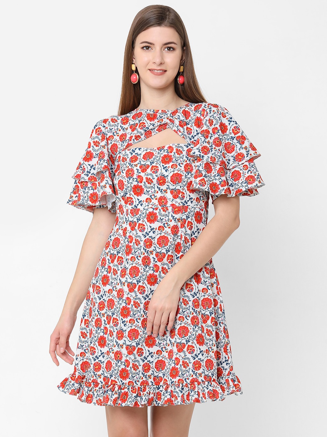

POPPI White & Red Floral Cut-Out A-Line Dress