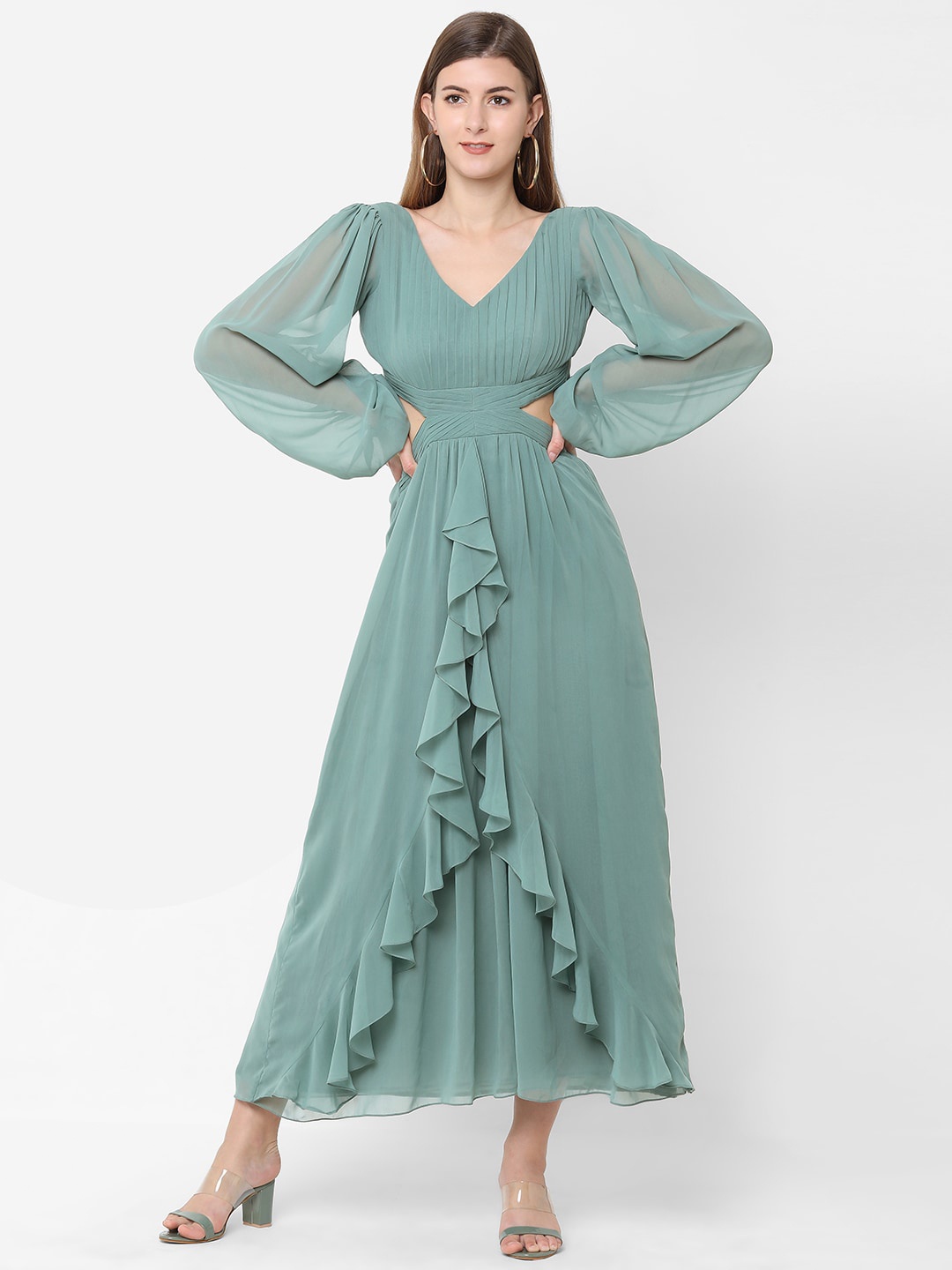 

POPPI Mint Green Ruffles Layered Georgette Maxi Dress