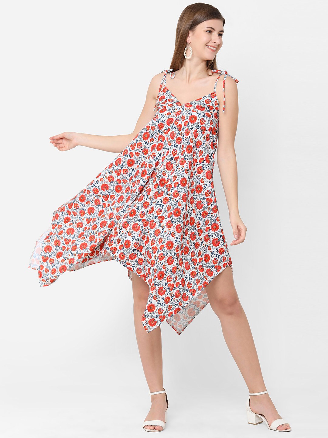 

POPPI White & Red Floral Asymmetric A-Line Dress