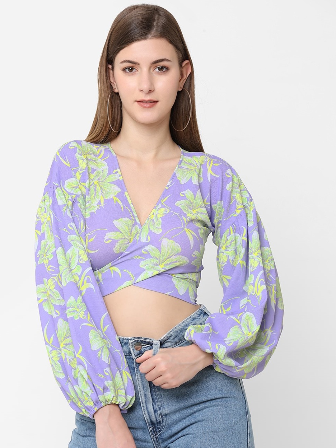 

POPPI Lavender & Green Floral Print Wrap Crop Top