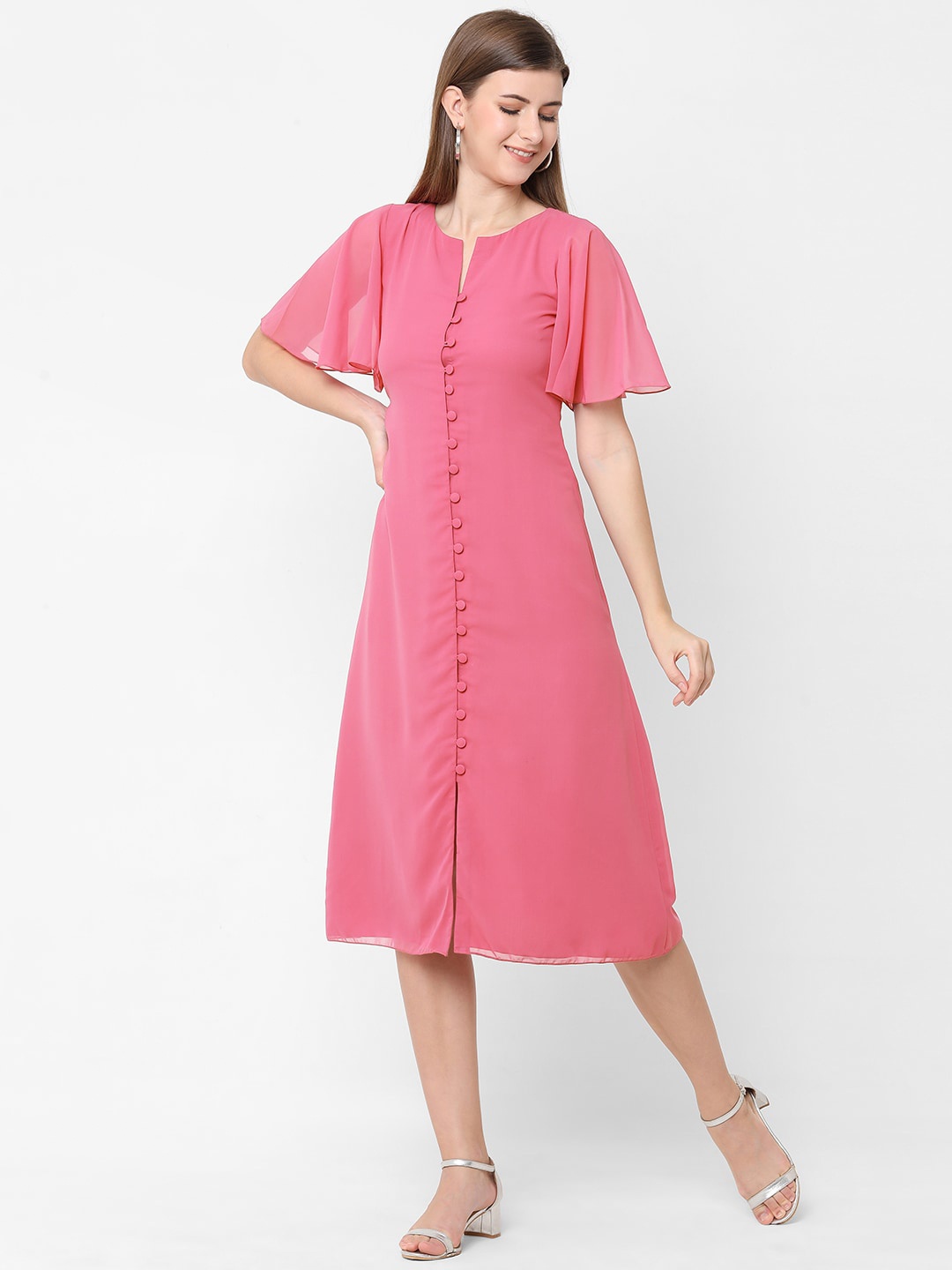 

POPPI Fuchsia Solid Georgette A-Line Midi Dress