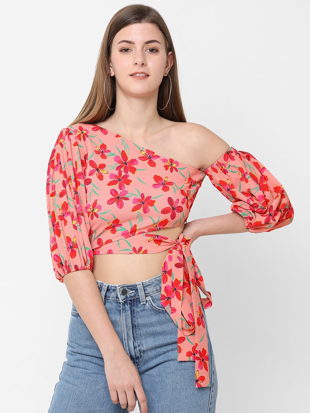 

POPPI Pink Floral Print One Shoulder Crepe Crop Top