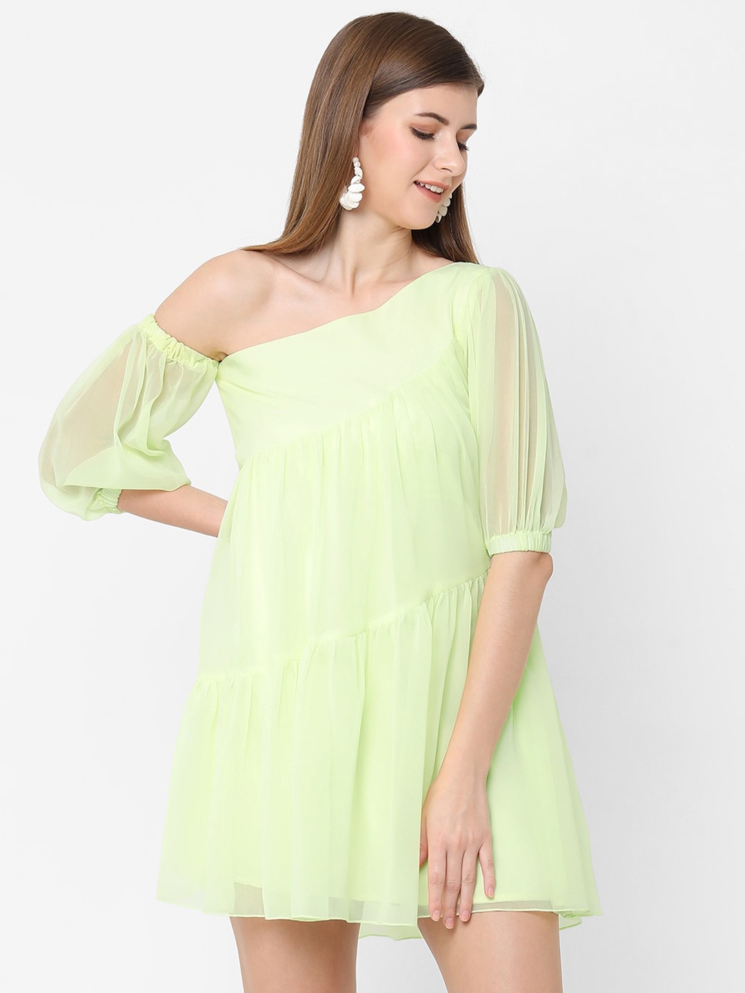 

POPPI Yellow Solid Georgette One shoulder Tiered Mini Dress