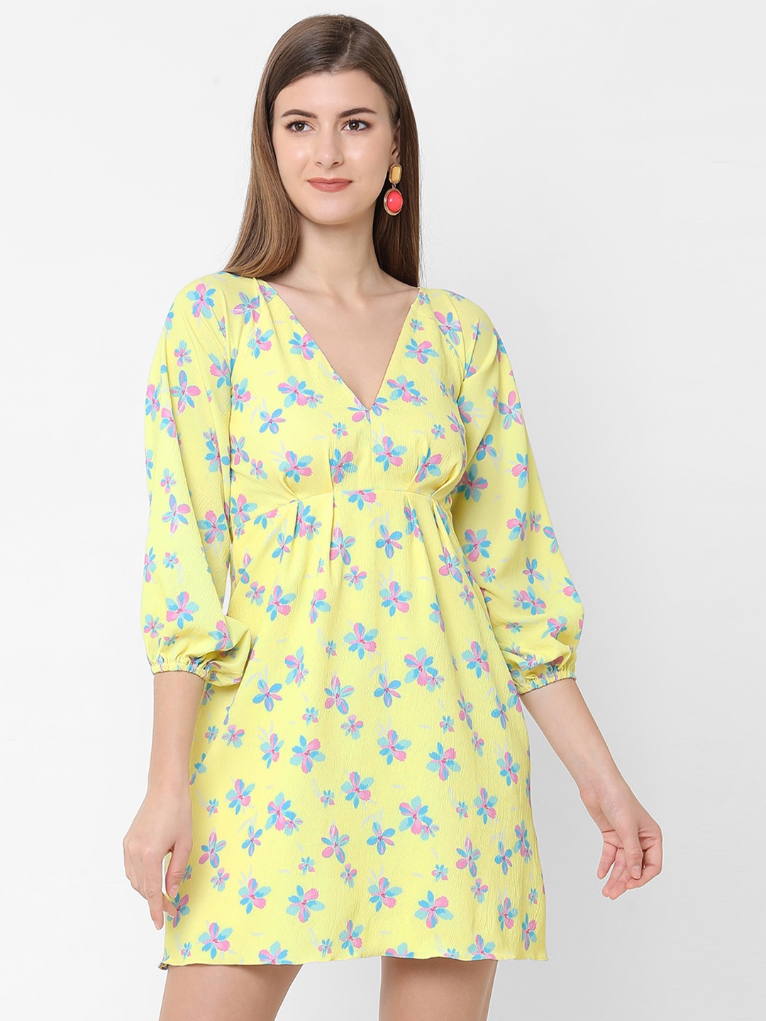 

POPPI Women Yellow Floral A-Line Mini Dress