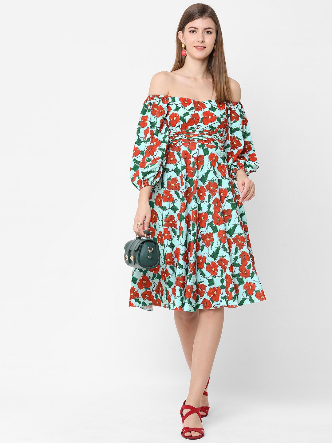 

POPPI Blue & Red Floral Printed Off-Shoulder Dress