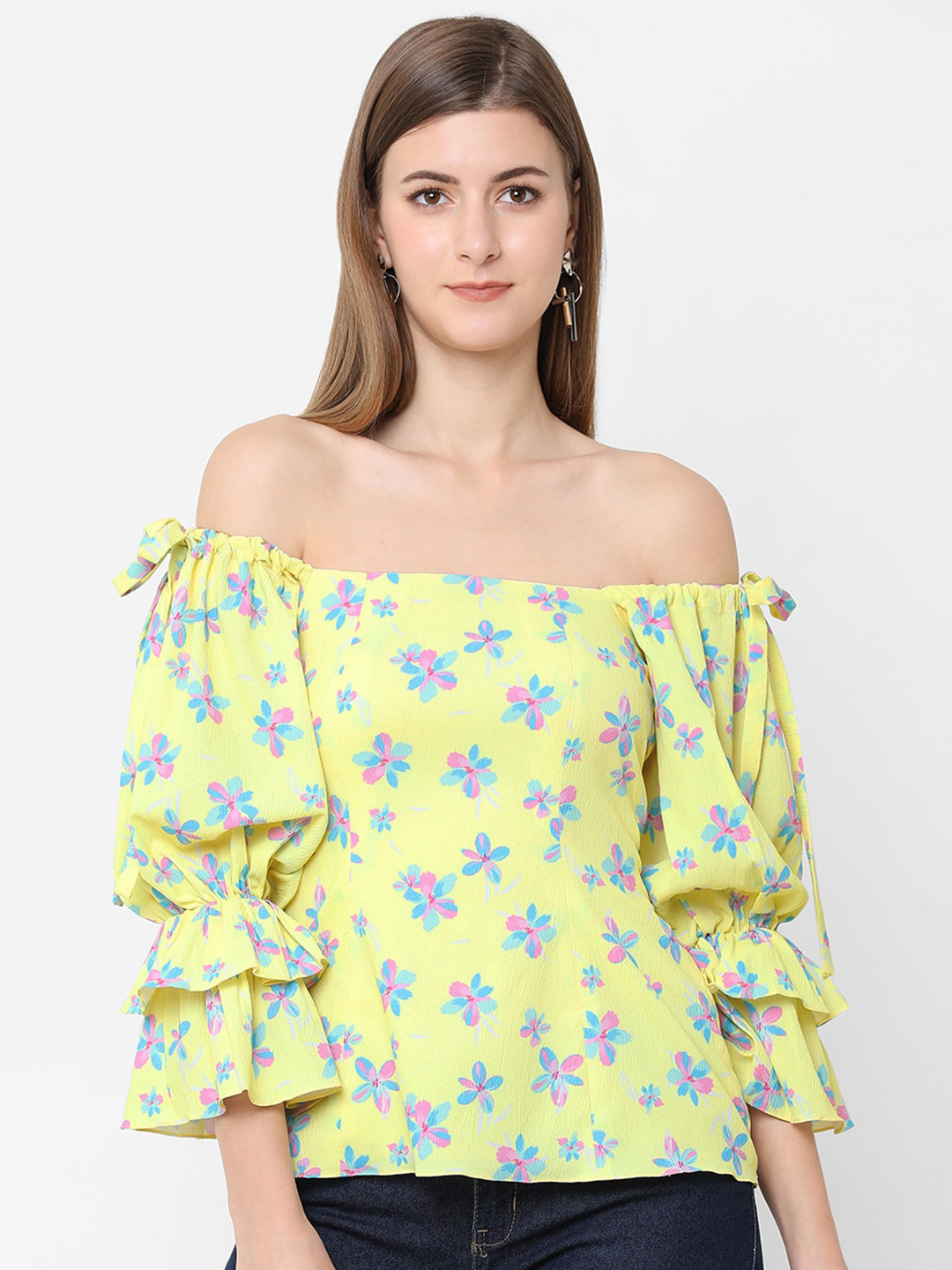 

POPPI Yellow Floral Print Off-Shoulder Crepe Bardot Top