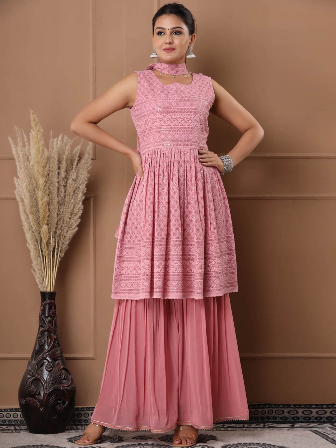 

FASHION DWAR Women Pink Embroidered Sequinned Pure Cotton Kurta with Sharara