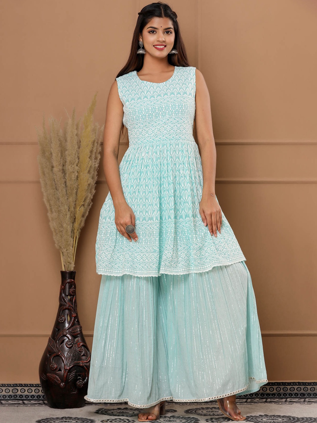 

FASHION DWAR Women Blue Empire Pure Cotton Kurta with Palazzos & With Dupatta