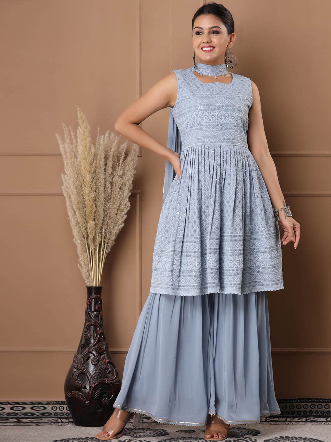 

FASHION DWAR Women Grey Floral Embroidered Pleated Pure Cotton Kurti with Sharara & With Dupatta