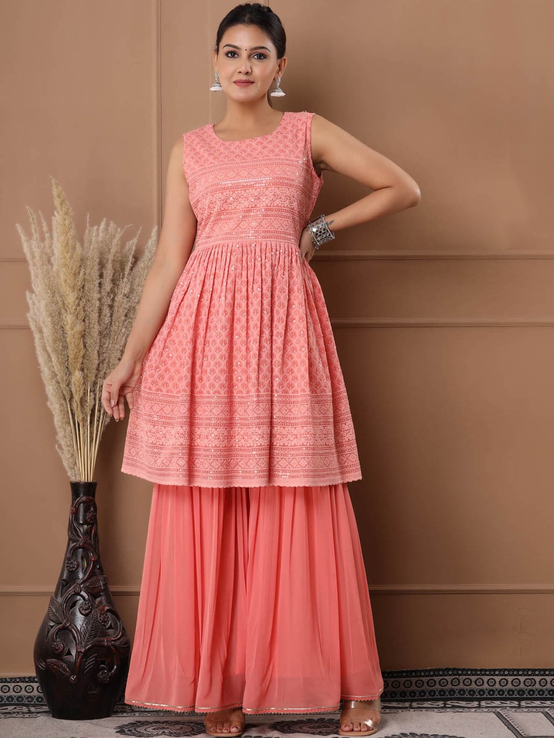 

FASHION DWAR Women Peach Pleated Mirror Work Pure Cotton Kurta with Sharara