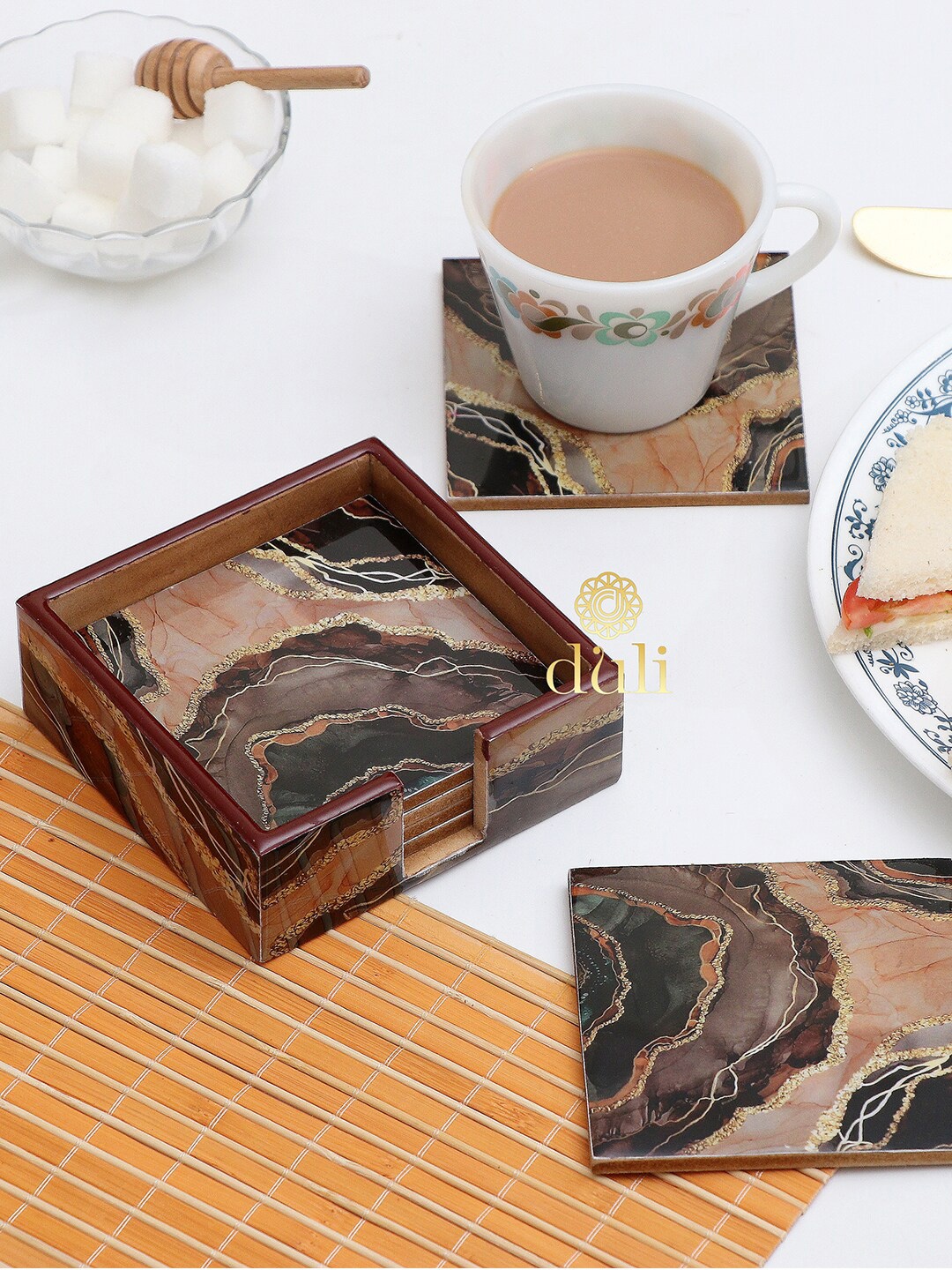 

DULI Set of 6 Printed Enamel Coated MDF Wood Coasters With Case, Brown