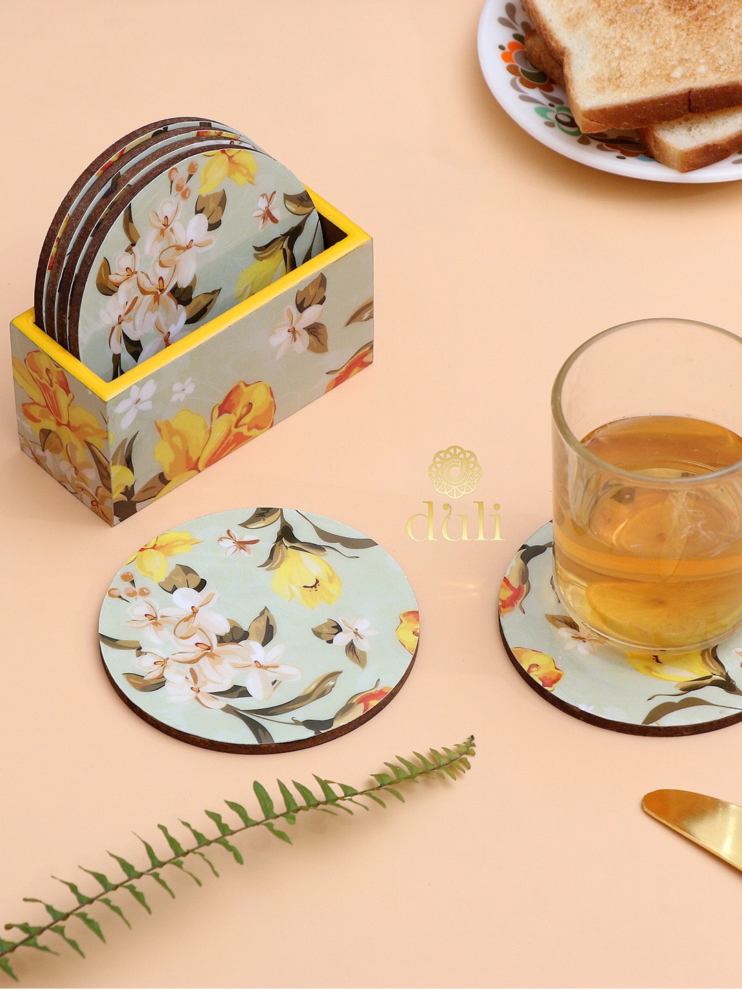 

DULI Set of 6 Yellow Floral Printed Wooden Coasters With Case