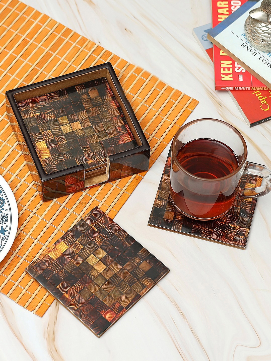 

DULI Set of 6 Brown & Black Printed Enamel Coated MDF Wood Coasters With Case