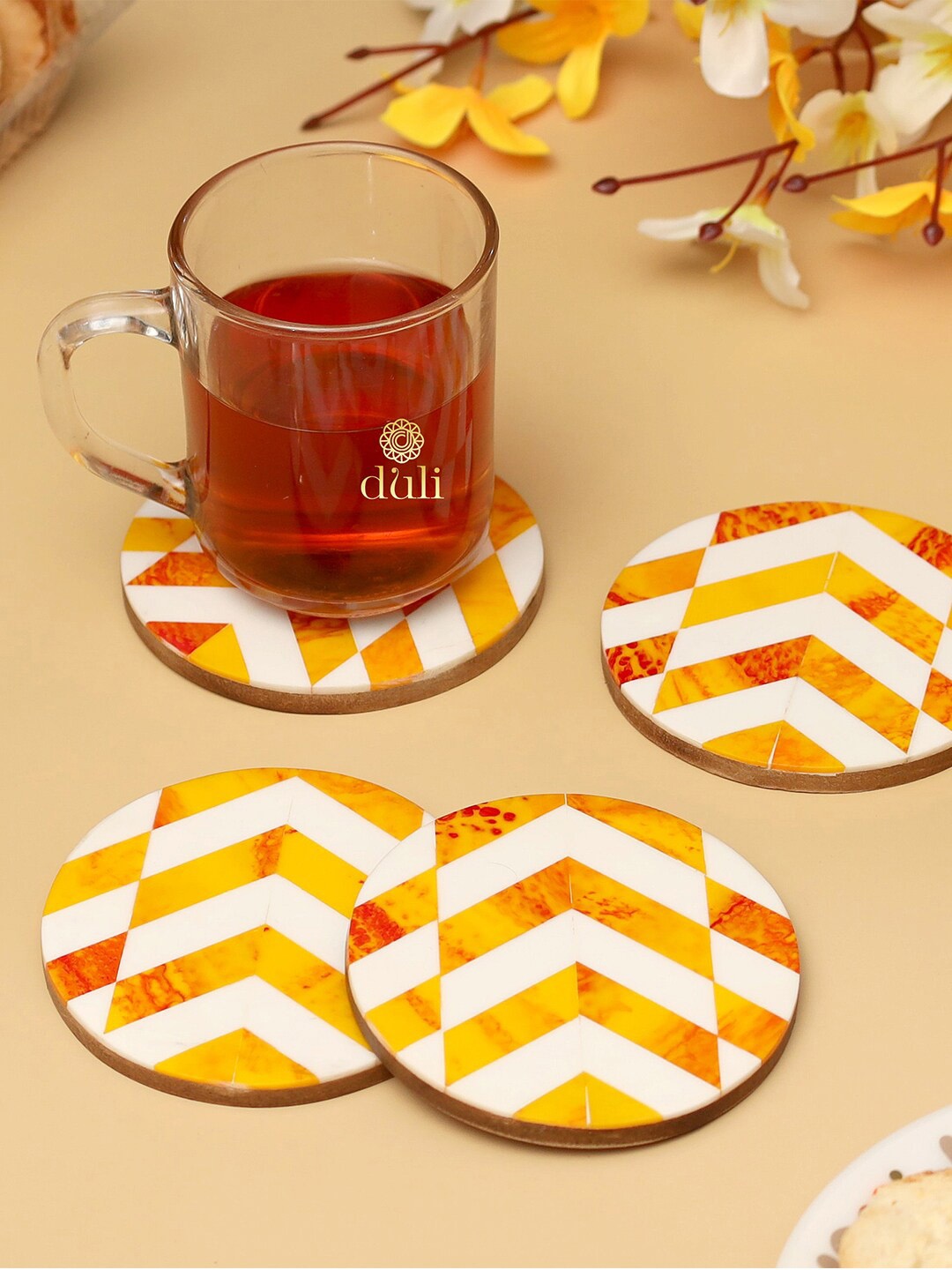 

DULI Set of 4 Yellow And White Printed Coasters