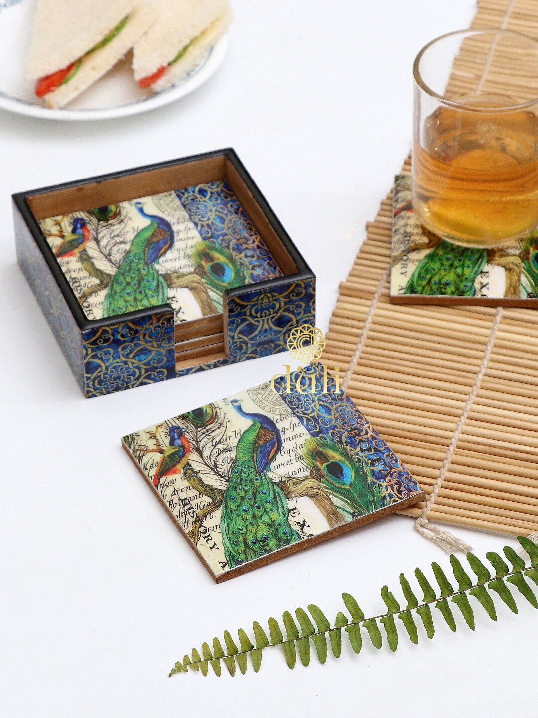 

DULI Set Of 6 Blue & Green Enamel Coated Square Coasters With Case, Multi