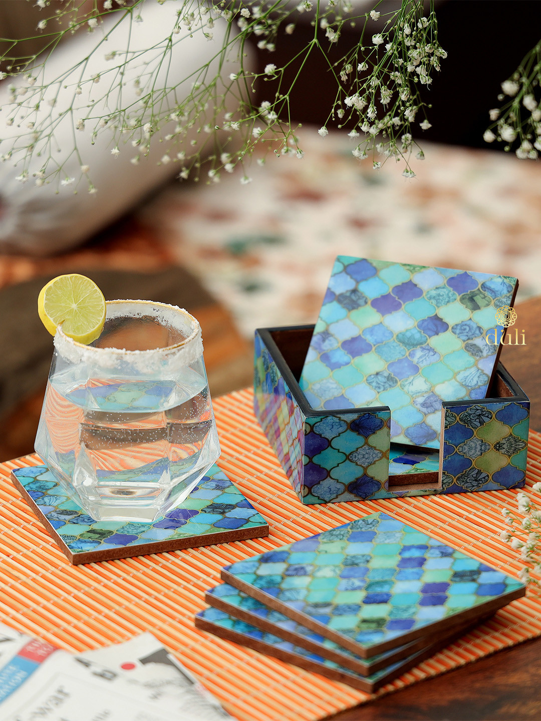 

DULI Set Of 6 Blue-Colored Textured Coasters With Case