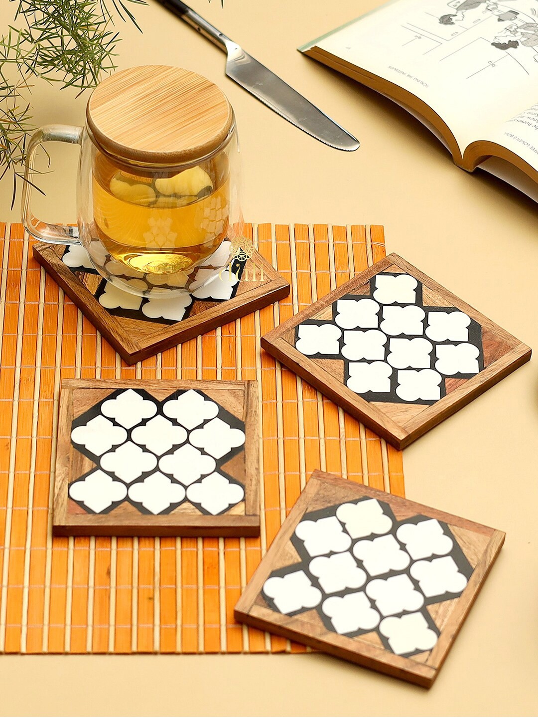 

DULI Set of 4 White & Brown Printed Wood Square Coasters