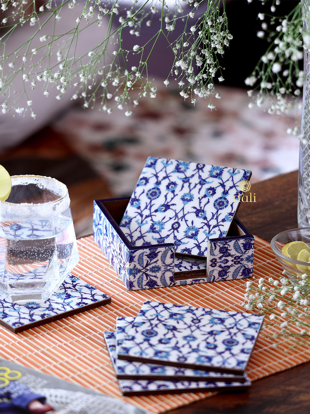 

DULI Set of 6 Blue Printed Enamel Coated MDF Wood Coasters With Case
