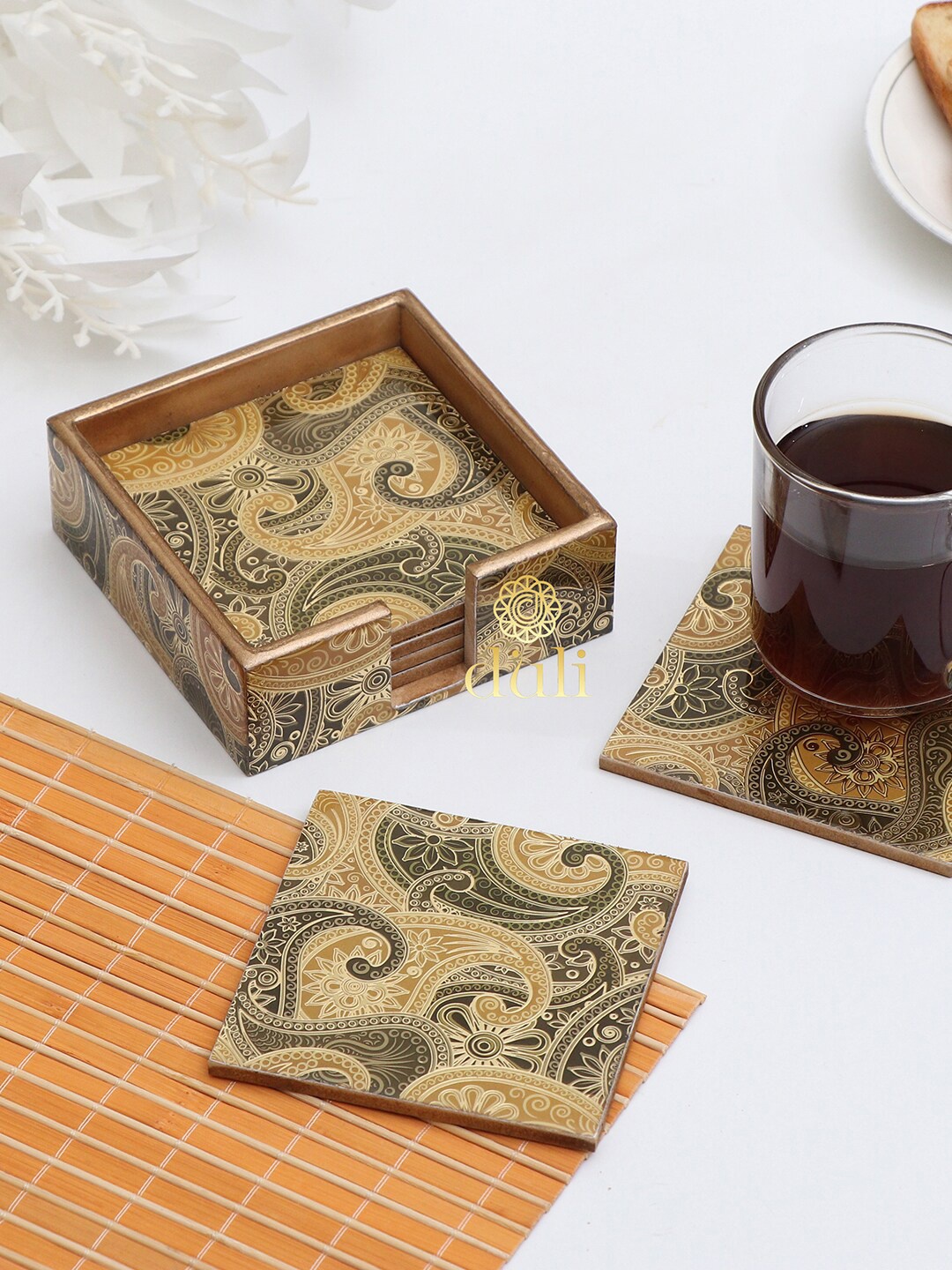 

DULI Set Of 6 Golden Paisley Printed Coasters with Case, Gold
