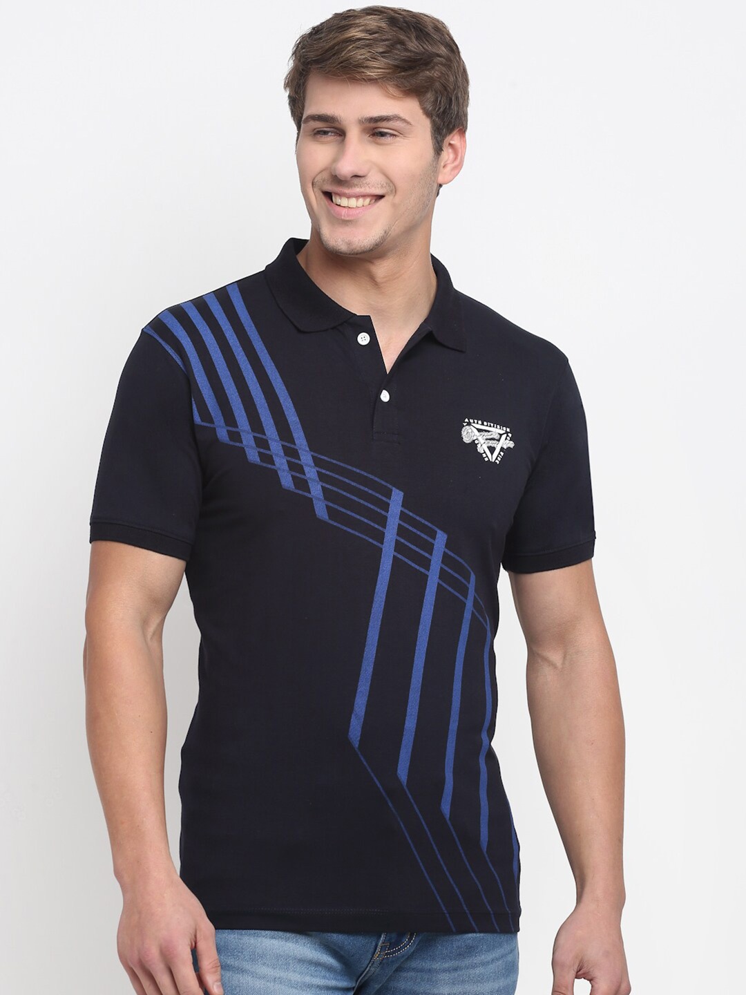 

VENITIAN Men Navy Blue Printed Polo Collar Slim Fit T-shirt