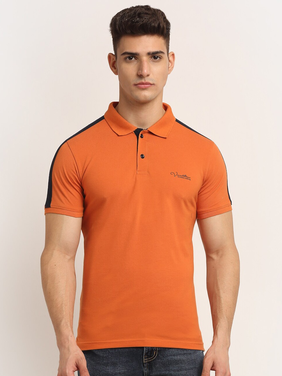 

VENITIAN Men Orange Polo Collar Slim Fit T-shirt