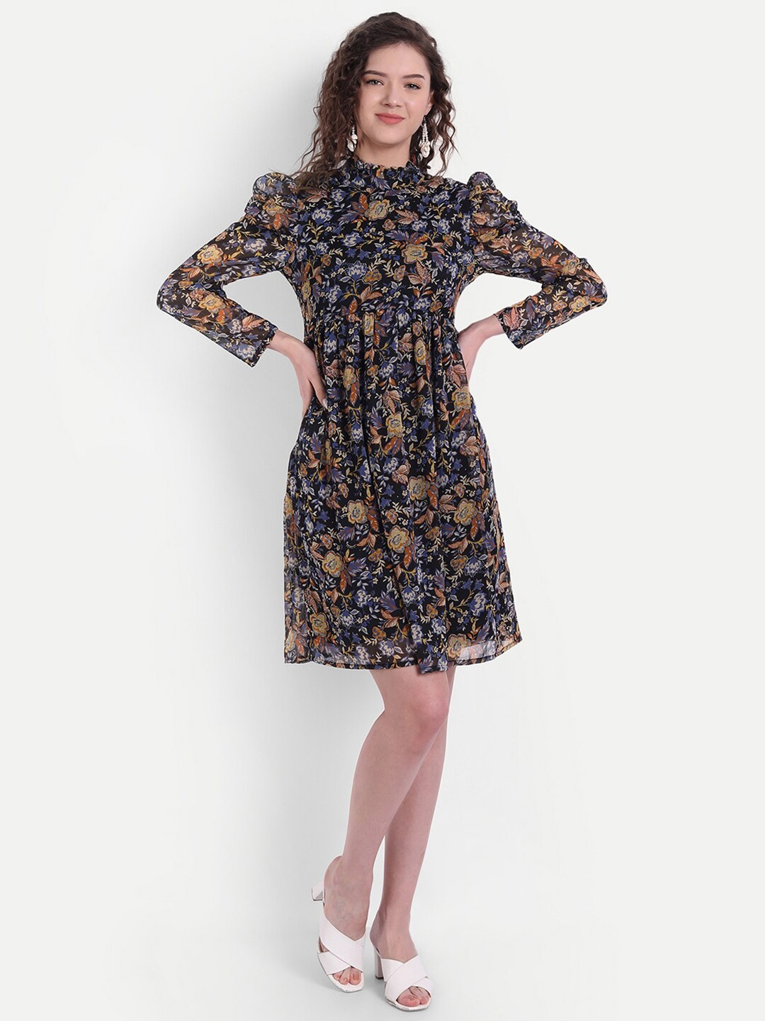 

MINGLAY Women Black Floral Choker Neck Chiffon Dress