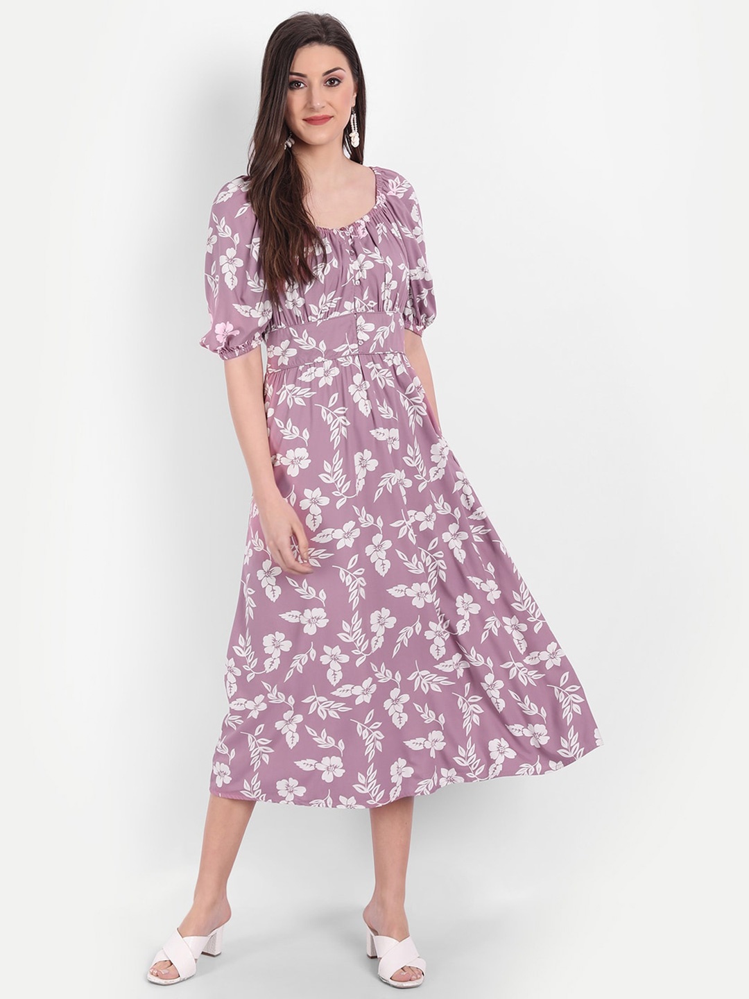 

MINGLAY Purple Floral Printed Midi Dress