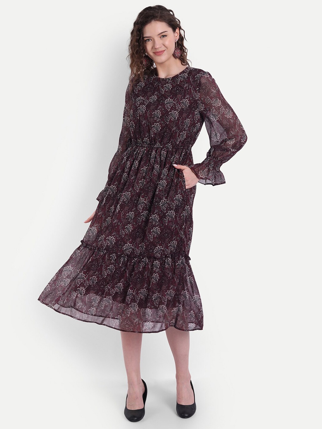 

MINGLAY Maroon Floral Georgette Midi Dress