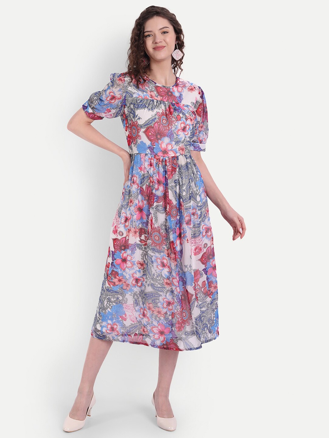 

MINGLAY Women White & Pink Floral Chiffon Midi Dress