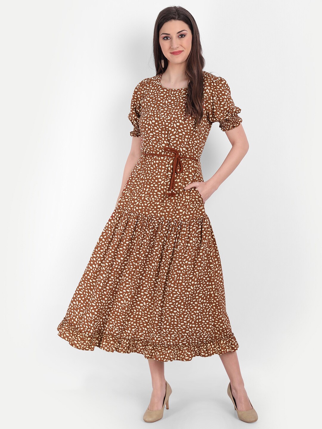 

MINGLAY Women Brown Animal Print Viscose Short Sleeve Maxi Dress