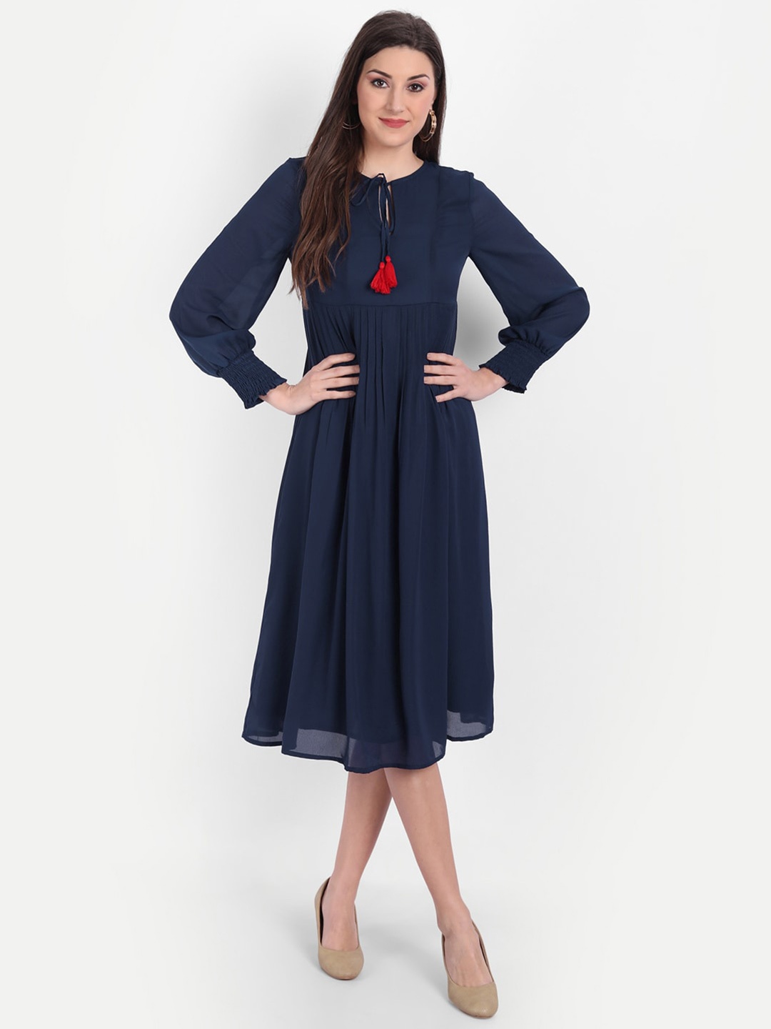 

MINGLAY Navy Blue Tie-Up Neck Georgette Midi Dress