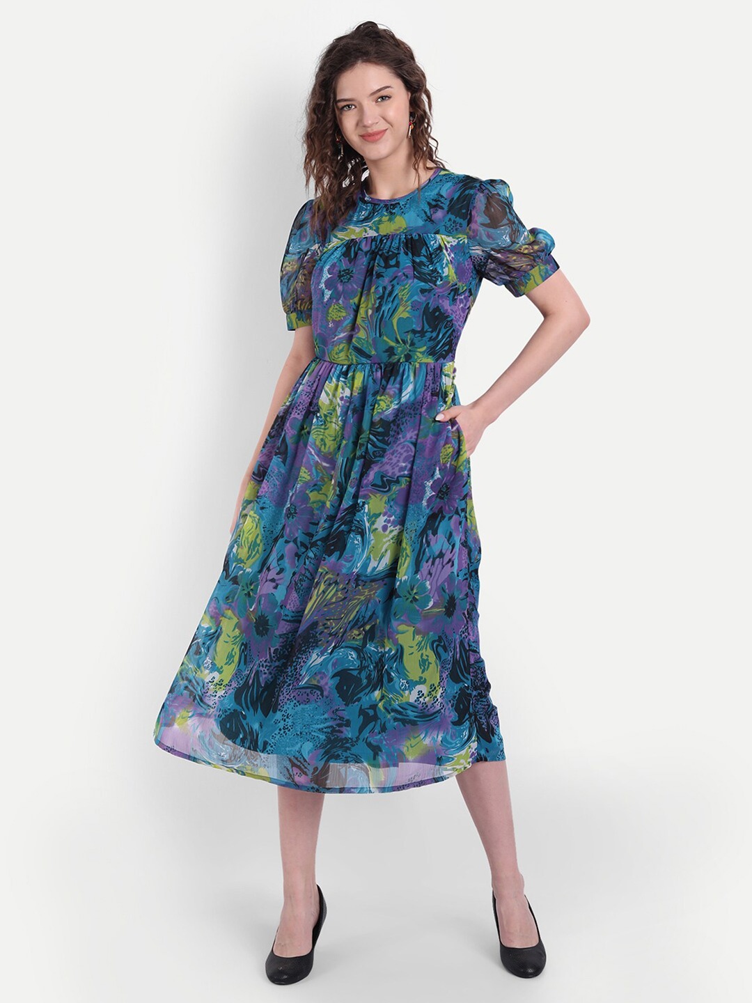 

MINGLAY Blue Floral Chiffon Midi Dress