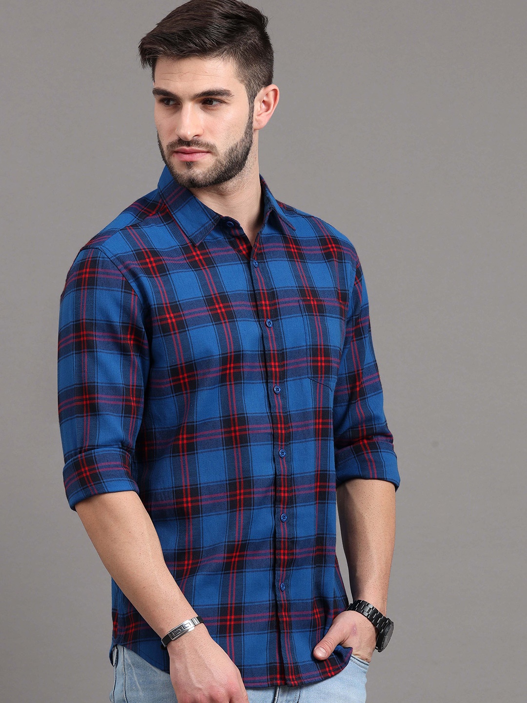 

HERE&NOW Men Blue Slim Fit Tartan Checked Casual Shirt