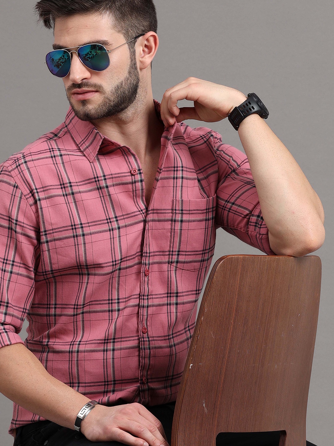 

HERE&NOW Men Peach-Coloured Slim Fit Tartan Checked Casual Shirt