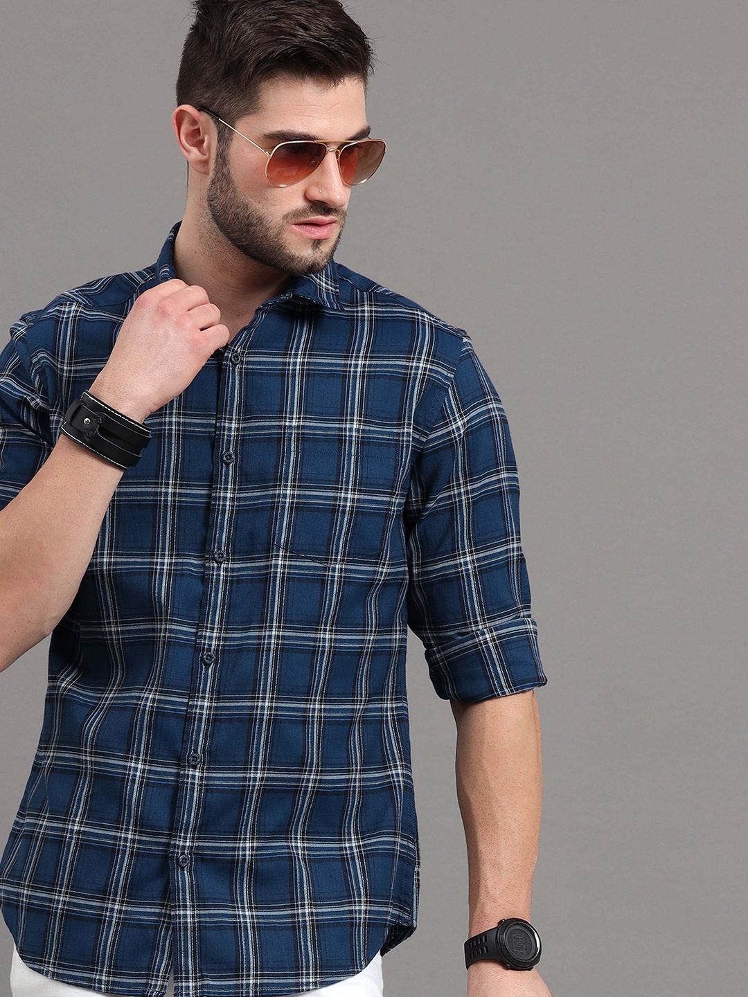 

HERE&NOW Men Blue Slim Fit Tartan Checked Casual Shirt